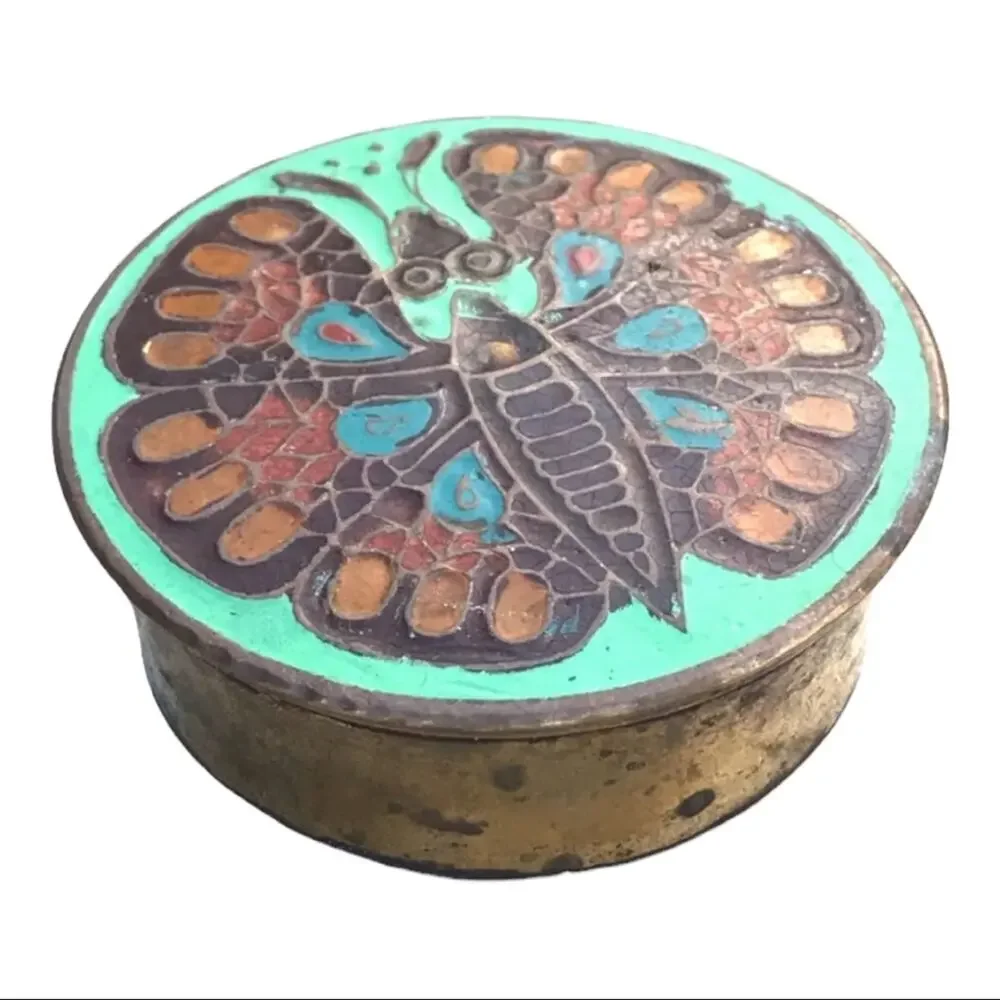 Vintage Brass Ring Box with Moth or Butterfly in Orange and Mint Green Enamel